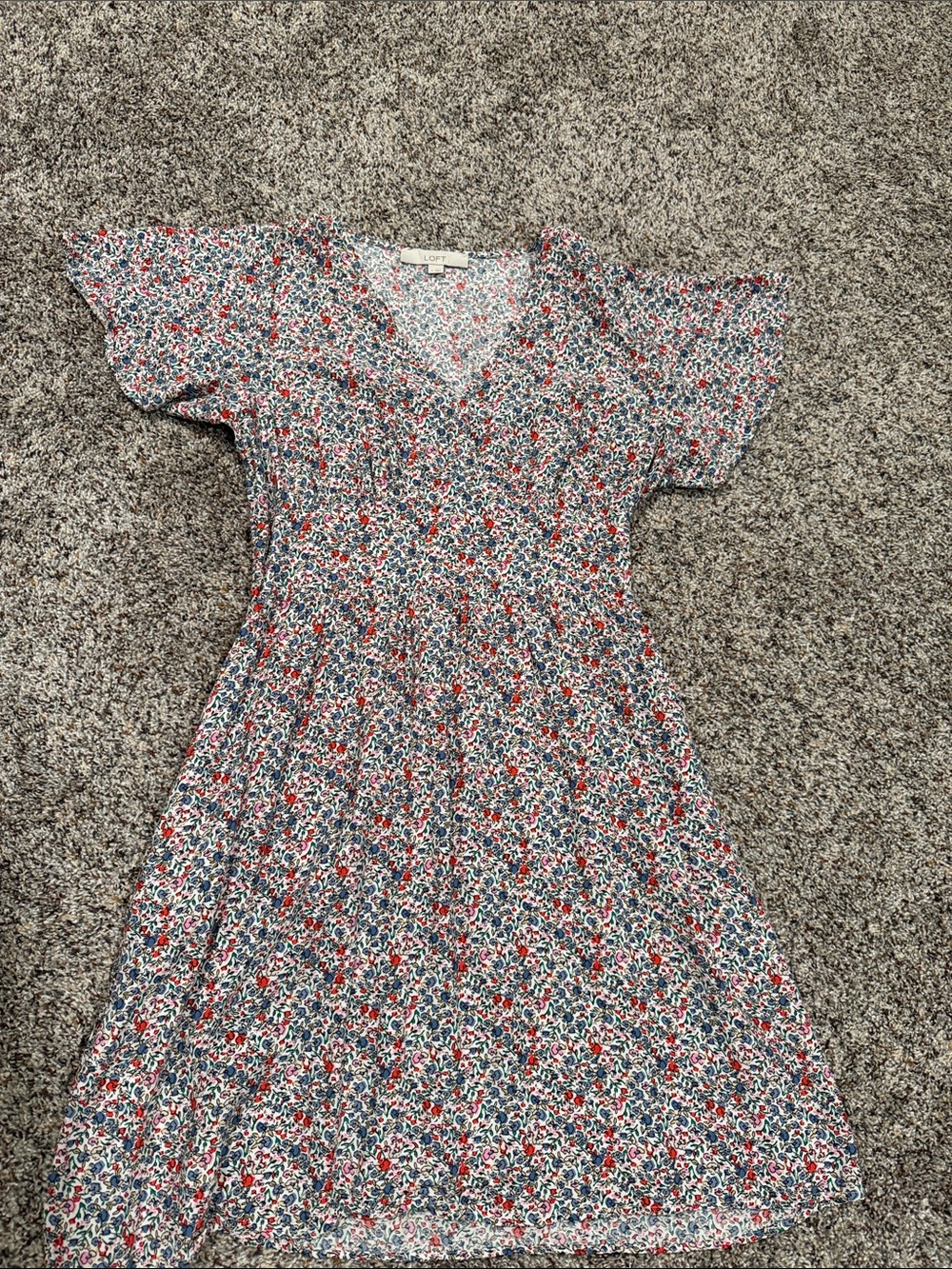 LOFT White Floral V-Neck Dress with Red & Blue Accents